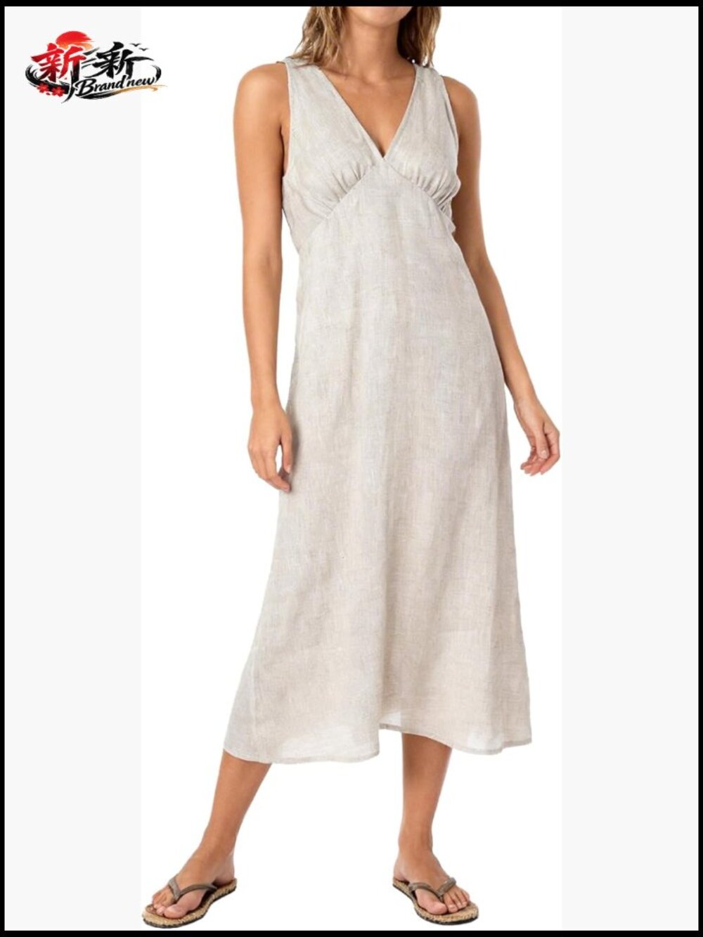 Women's 100% Linen Sleeveless V-Neck A-Line Midi Summer Dress
